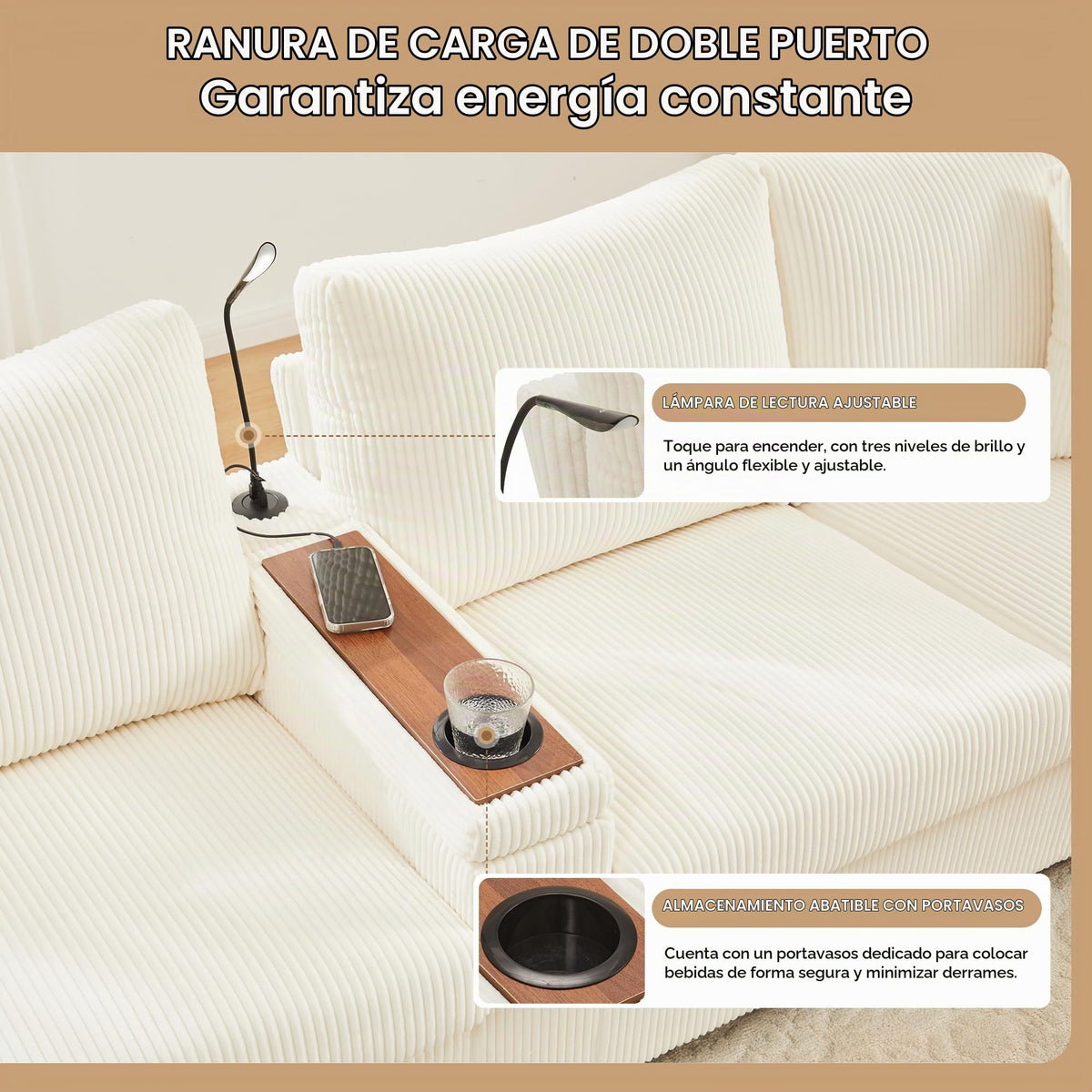 LAKFEW Sofa Cama con Cama Extensible y Taburete Almacenaje, Sofa Rinconera con USB, Lámpara de Lectura, Mesa Plegable con 2 Posavasos, 205x205x85 cm, Gris