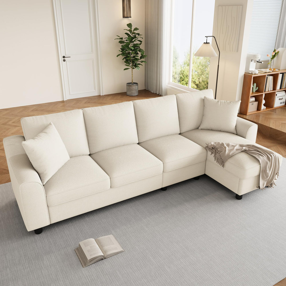 Sofá moderno de chenilla en forma de U con chaise longue, sofá esquinero de 4 plazas con espacio de almacenamiento, puerto USB y tipo C, modular, con soporte para bebidas y cojines suaves