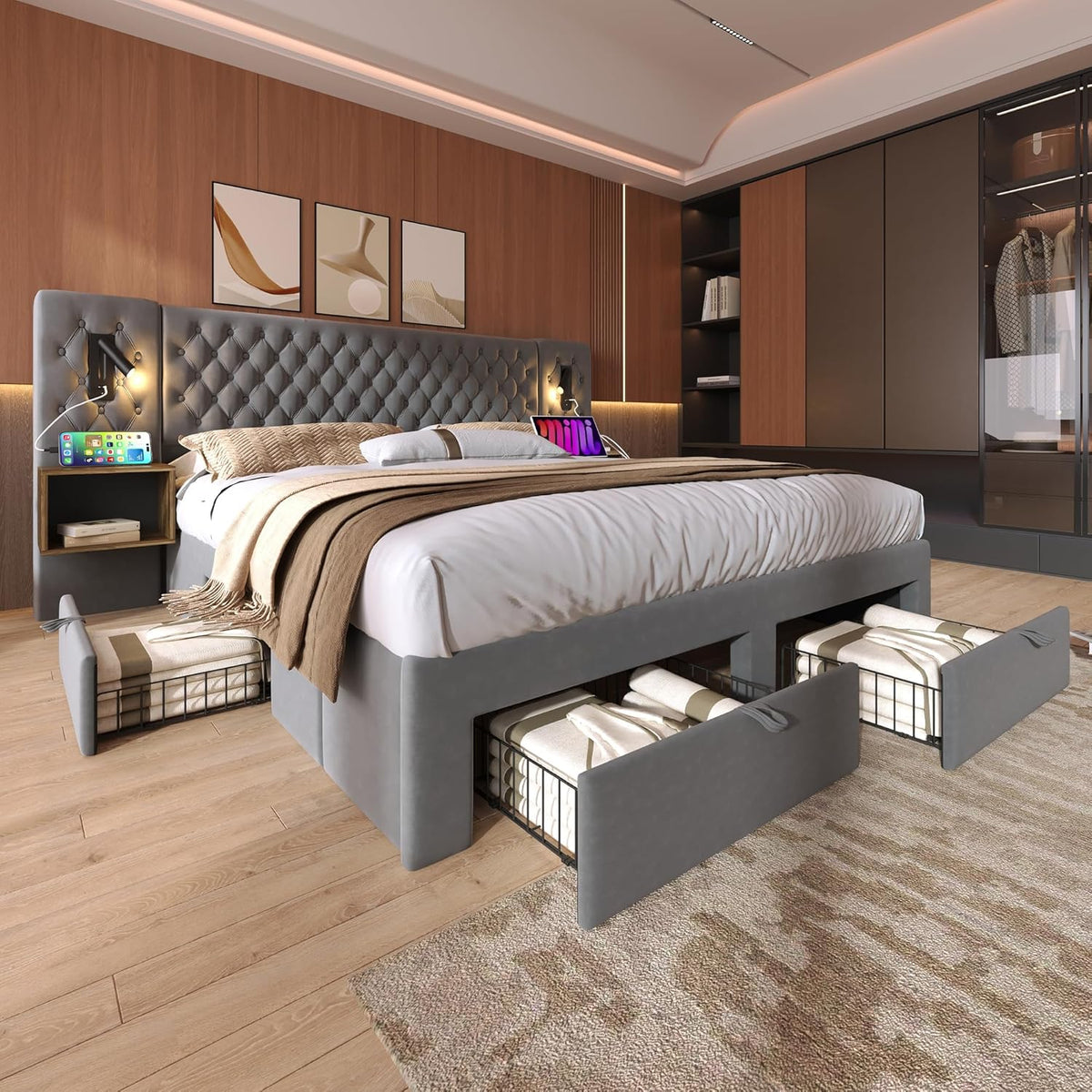 Juego completo de cama para dormitorio, cama doble tapizada de 160 x 200 cm, con 2 mesitas de noche y 4 cajones, cabecero de luz de lectura con función de carga USB, terciopelo, sin colchón