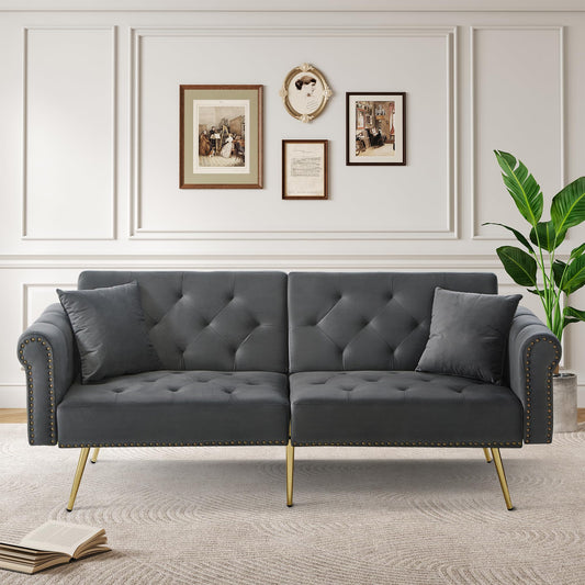Sofá cama moderno de 2 plazas, tapizado en terciopelo, respaldo ajustable en 3 niveles y patas de metal doradas, elegante sofá con función de dormir, ahorra espacio, resistente, 173 x 75 x 70 cm