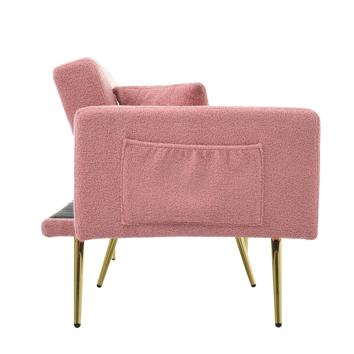Sofá cama con esquinas ajustables, patas doradas, almohadas y bolsillos laterales para almacenamiento (Bavia)