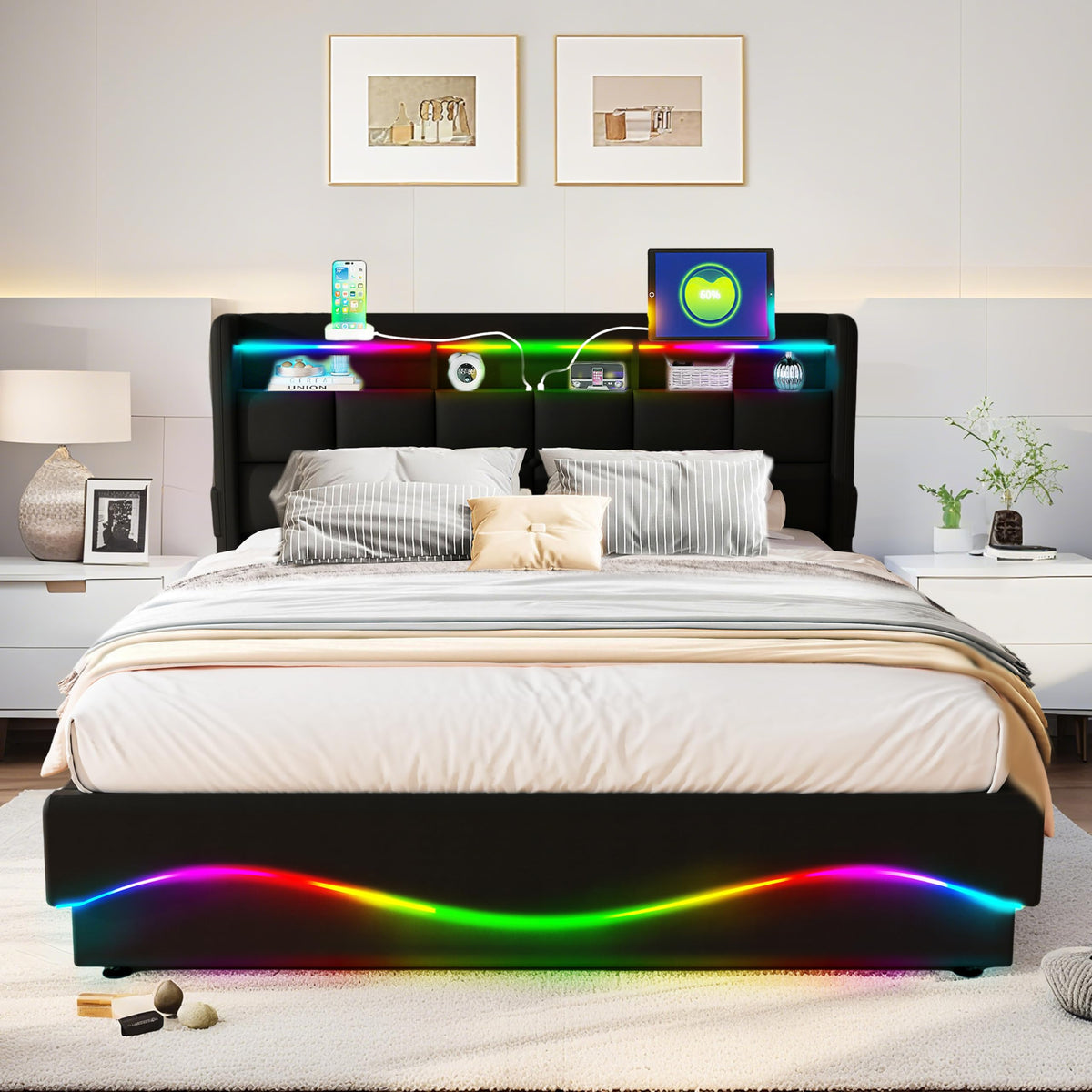 Estructura de Cama de Cuero 160x200cm con Carga USB Type-C, Blanco