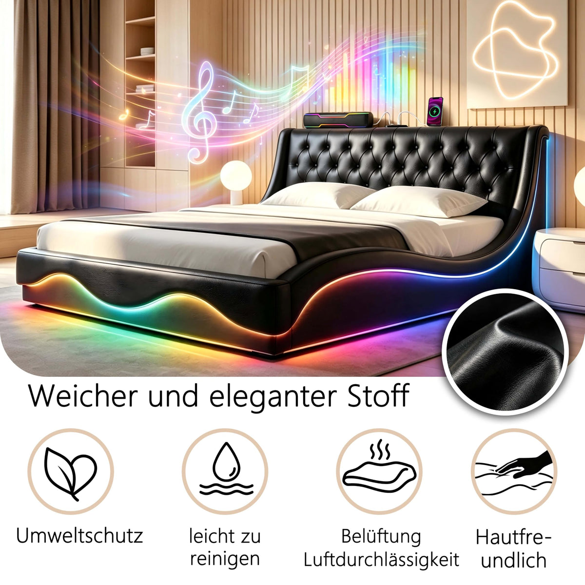 Armazón de Cama de Cuero 140x200cm con luz LED, Blanco