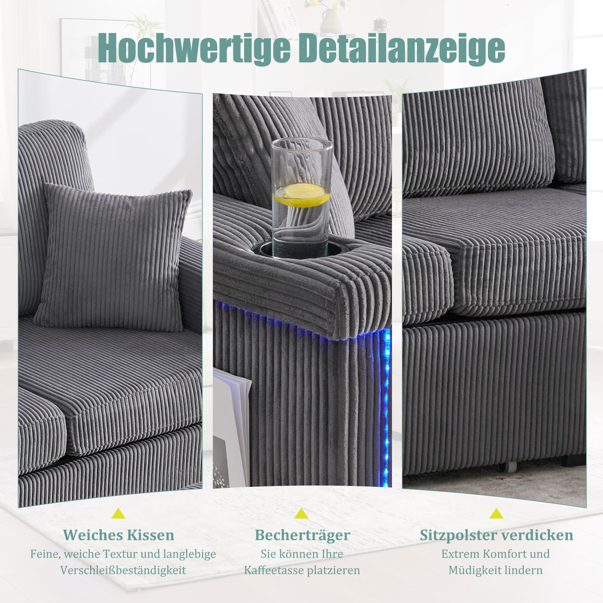 Lubvtti Sofá cama de 3 plazas moderno con función de cama, con espacio de almacenamiento, cargador USB, reposabrazos portaobjetos y 2 cojines, sofá de esquina en L, sofá de 3 plazas, chenilla (C-gris)