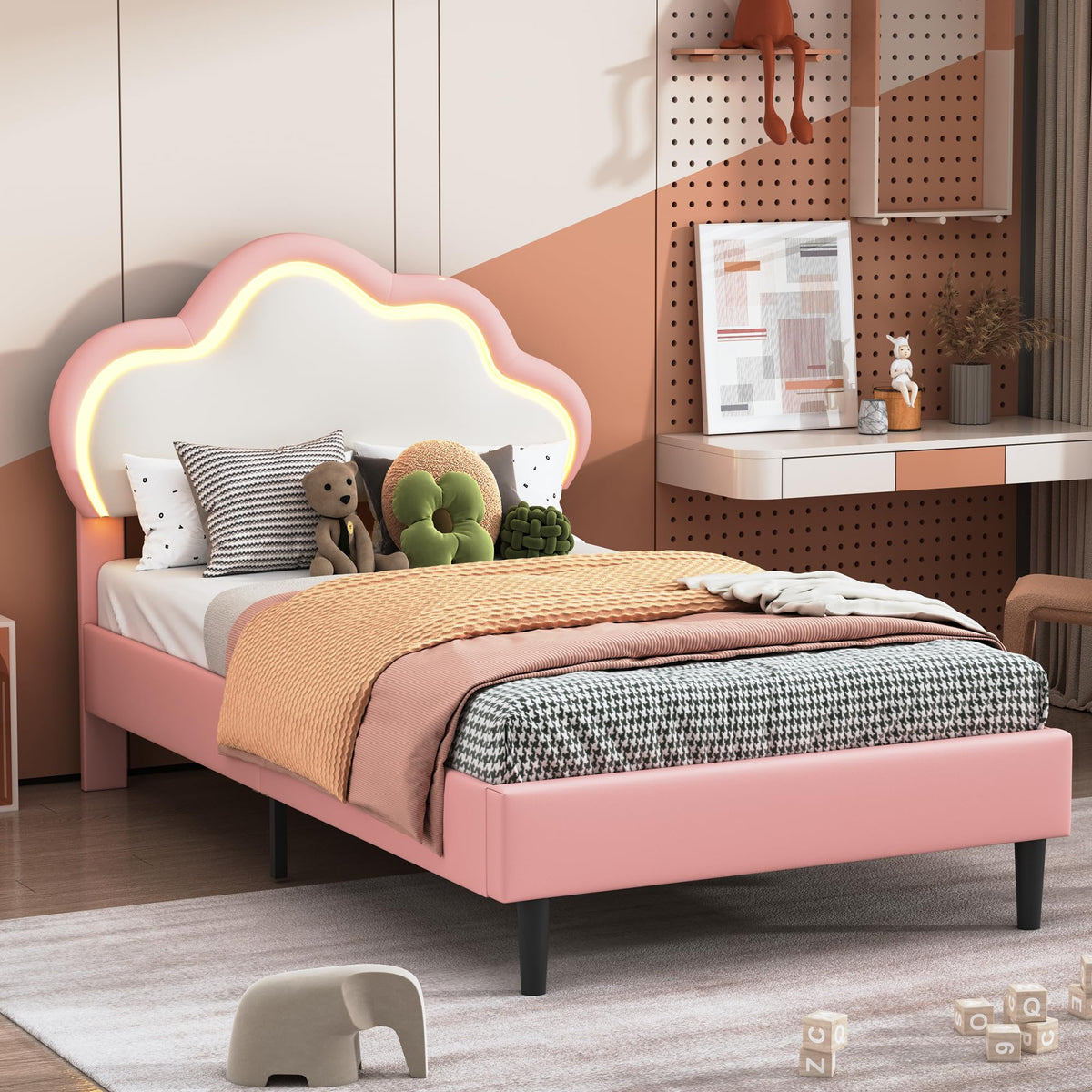 LIVLUX Cama Tapizada 90 x 200 cm, Cama Princesa con Cabezal LED Ajustable y Somier de Lamillas, Cama para Niña, Diseño en Forma de Corona para Niños y Adolescentes (Rosa, 90 x 200 cm)