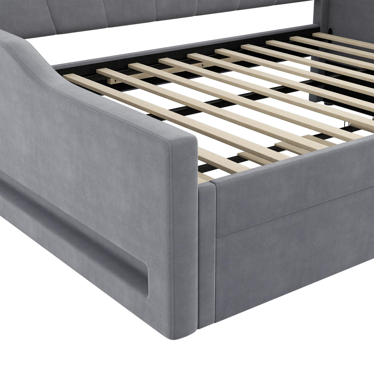 Cama acolchada de 140 x 200 cm con cinturón LED y cama nido (beige)