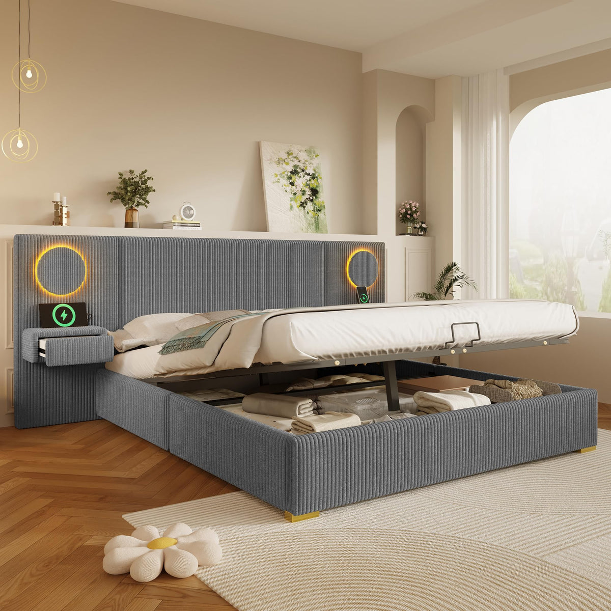 Moimhear Cama tapizada de terciopelo, cabecero LED, conectores USB, almacenamiento hidráulico