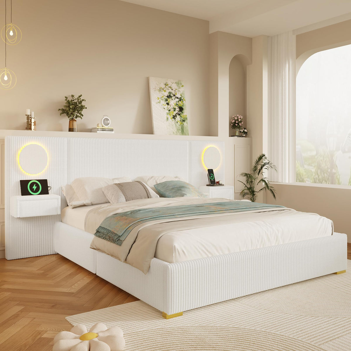 Moimhear Cama tapizada de terciopelo, cabecero LED, conectores USB, almacenamiento hidráulico
