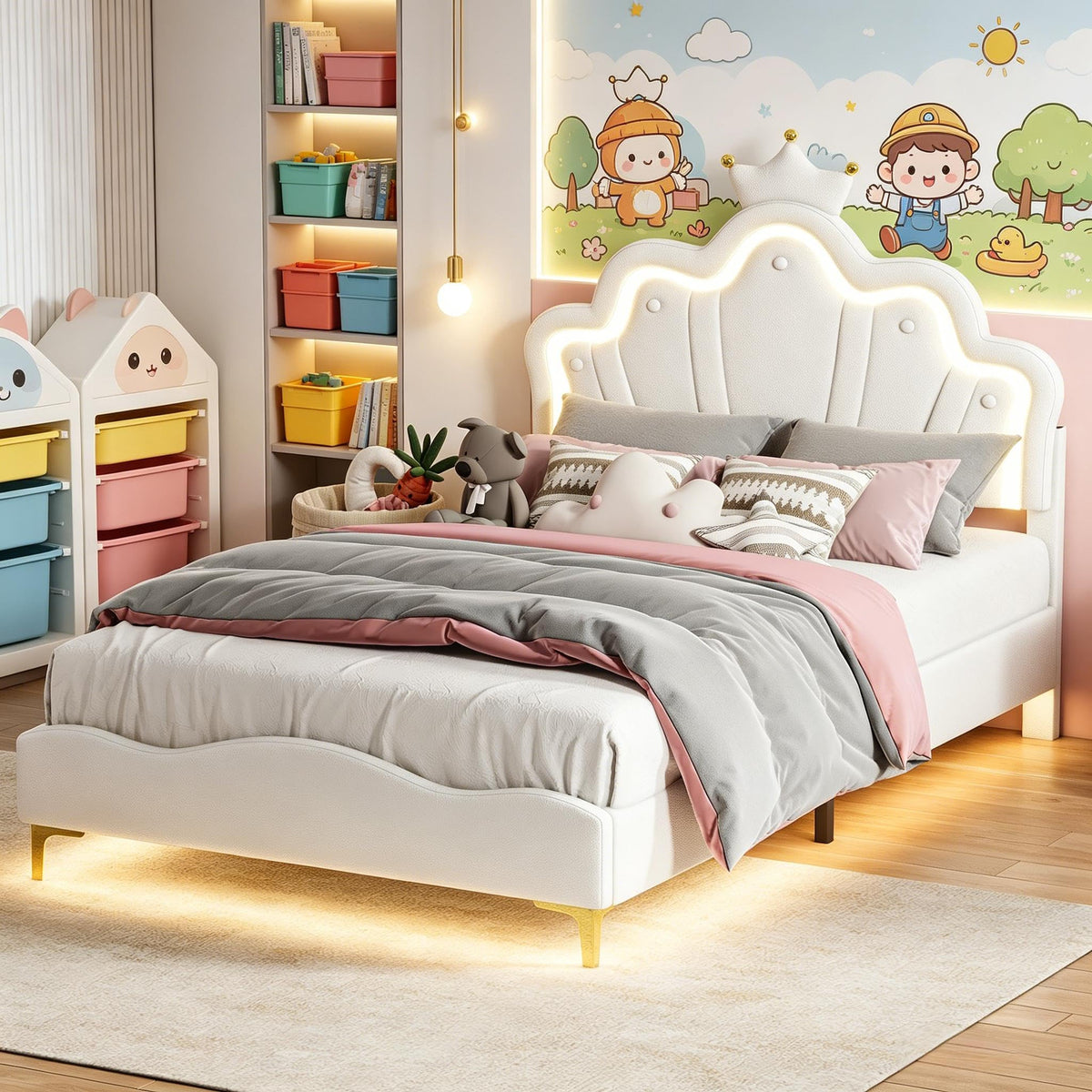 Cama Infantil tapizada 140 x 200 cm con LED, Cama tapizada para niños 140 x 200 con cabecera Ajustable Marco de Camas, Camas de Princesa para Niña en Forma de Corona con Somier(Rosa, 140 x 200)