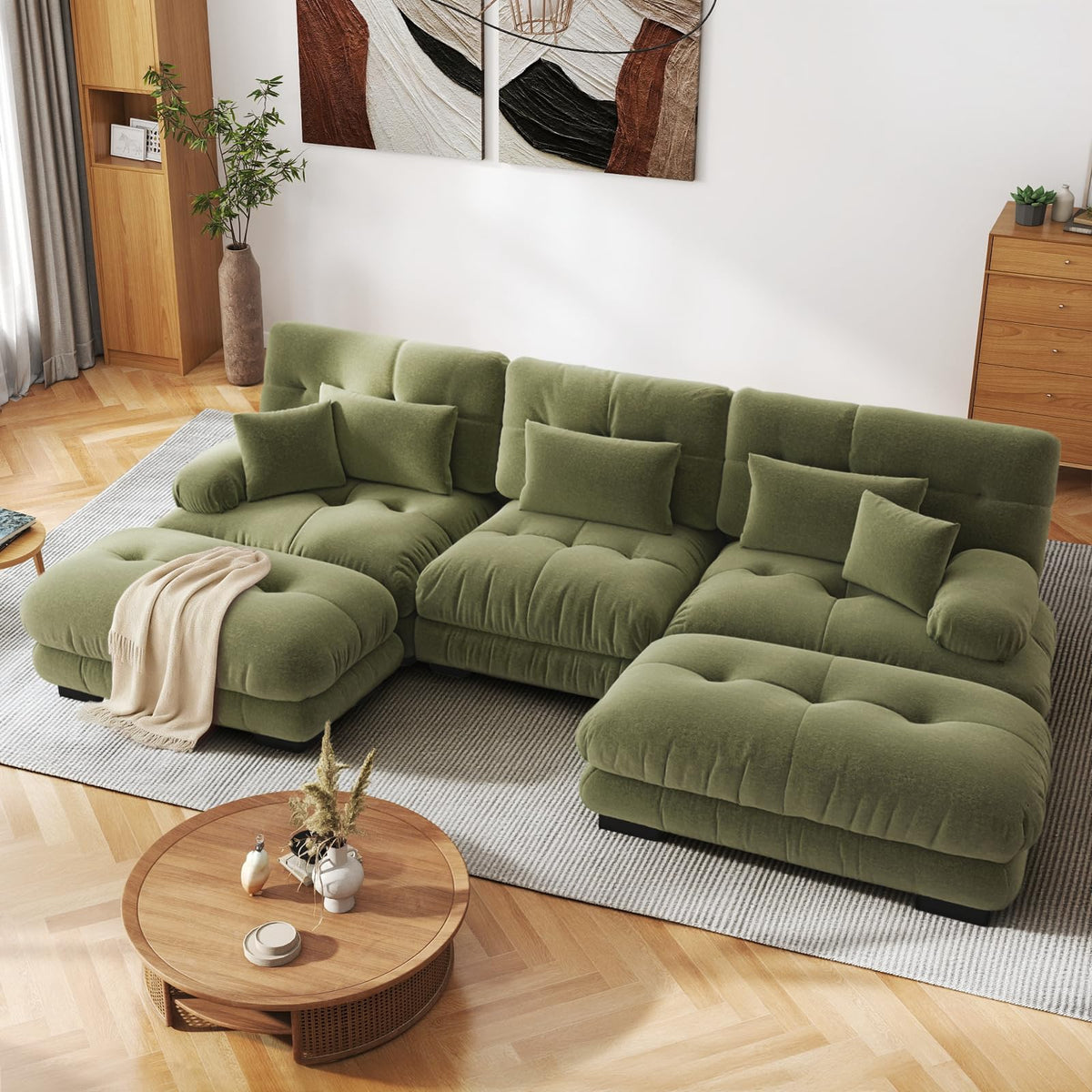 SoarFlash Sofá U Modular de 4 plazas para salón Moderno, sofá Nube de Tela Chenille con reposabrazos, Color Amarillo, 145×406 cm