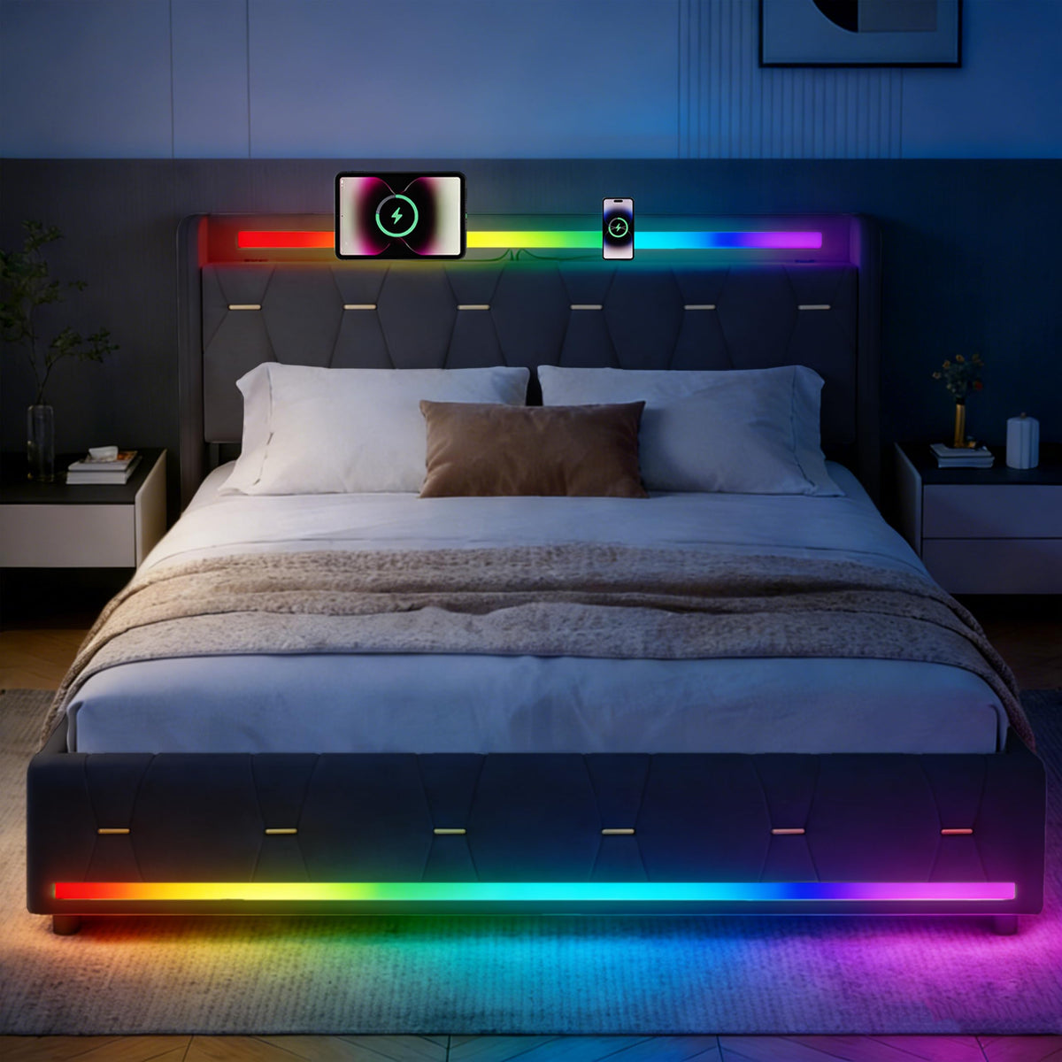 Estructura de Cama 140x200 cm con iluminación LED, Lino, Gris
