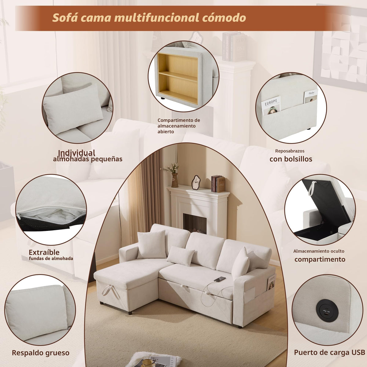Sofá esquinero extensible en forma de L con puerto USB y portavasos, sofá cama de 4 plazas con función cama, sofá convertible con espacio de almacenamiento y reposabrazos, cojines, chenilla
