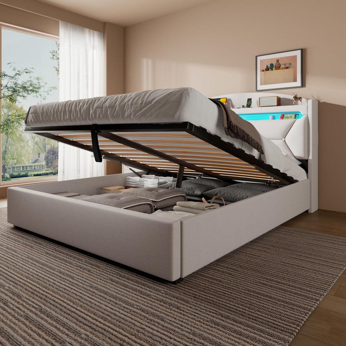 Cama 90x200 cm con Almacenamiento, Cama Individual con LED, Puertos USB y Type-C, Somier 90x200 Hidráulico, Camas Juveniles Camas Infantiles con Cabecero, Lino, Beige, Colchón No Incluido