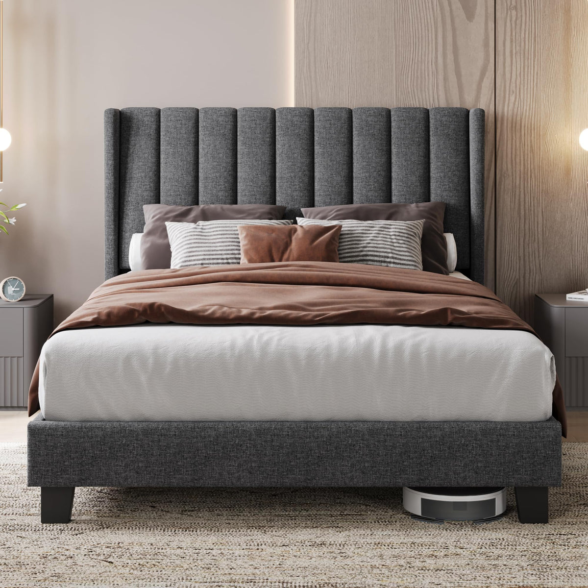 Yaheetech Cama Doble Tapizada 140 x 200cm con Somier de Lamas con Cabecero Rayado Moderno Estructura de Madera y Metal Marco de Cama para Adultos 2 Personas Beige