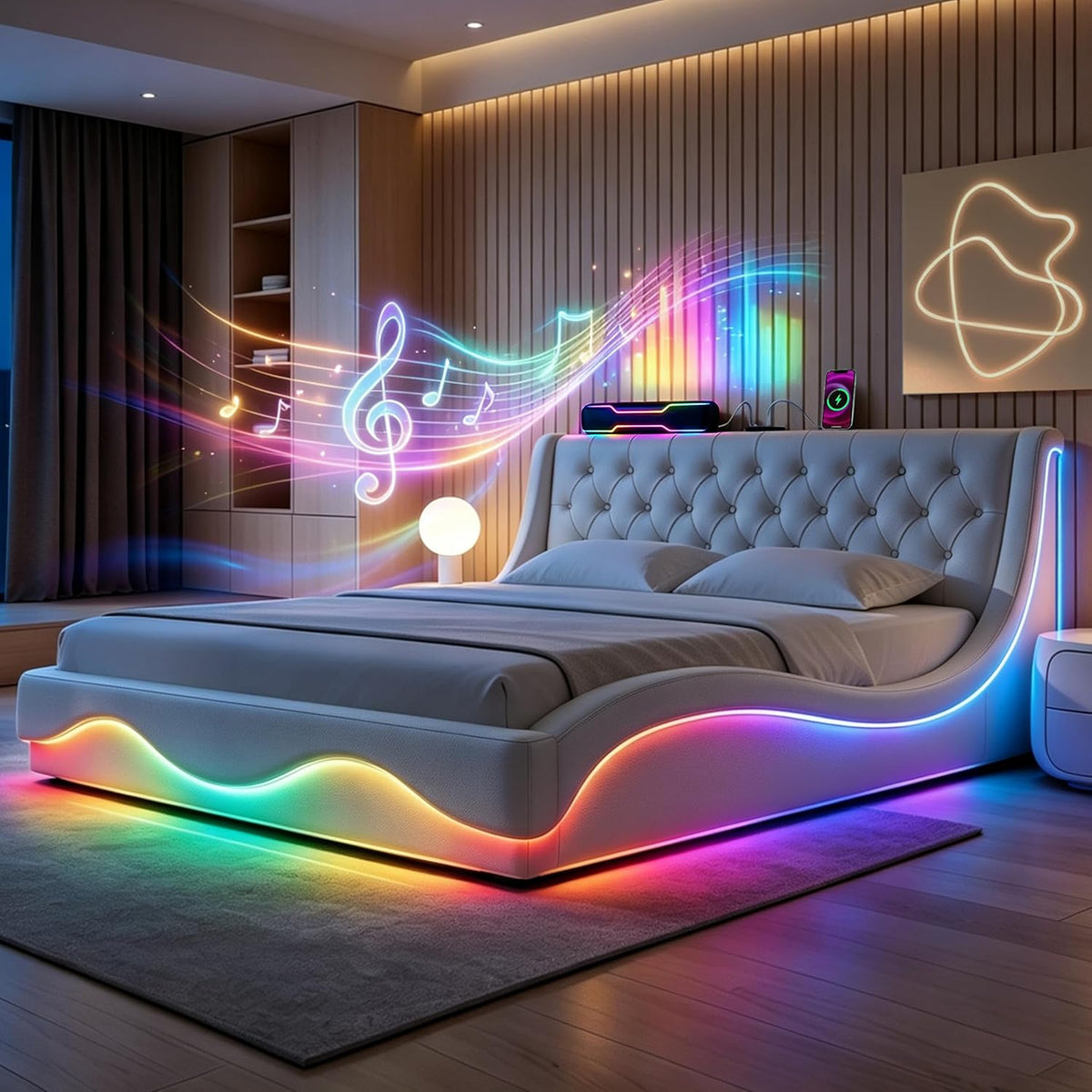 Armazón de Cama de Cuero 140x200cm con luz LED, Blanco
