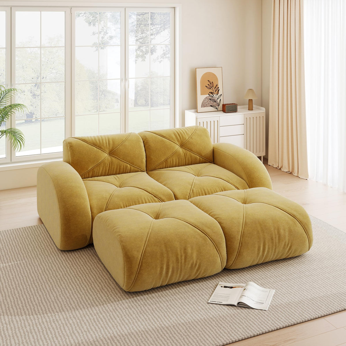 Sofá de esquina en forma de L de 4 plazas con reposapiés, sofá modular Cloud sin marcos de chenilla, sofá de estar suave, antideslizante, combinable de forma flexible, sin montaje, salón color