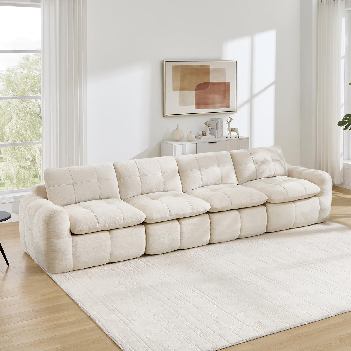 Sofá de 3 plazas con 1 taburete chenilla beige