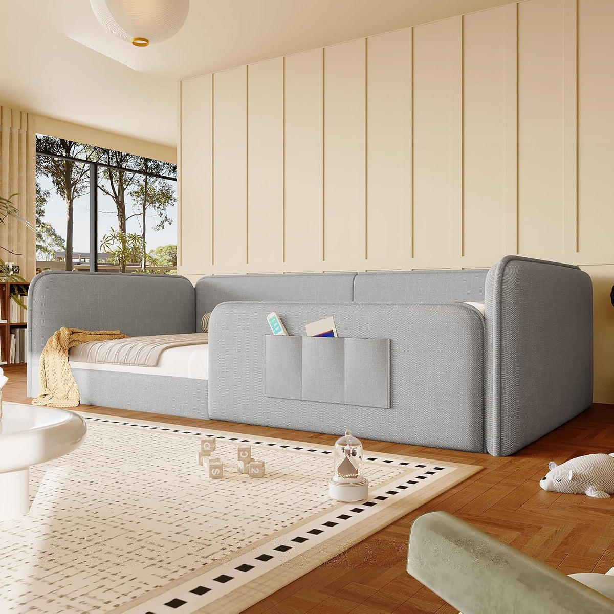 Cama con plataforma 90 x 200 cm con funda de lino suave, acolchado de espuma con marco de seguridad integral, color gris
