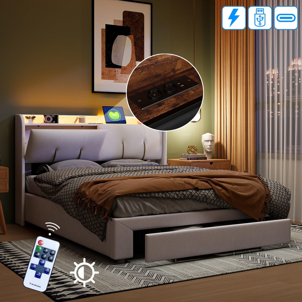 BRILVERDE Cama Tapizada 160x200 con Almacenamiento, Cama matrimonial con cajones, Cama Nido con LED, Cabecero Acolchado y Base de Láminas, Terciopelo (Beige, 160 x 200 cm)