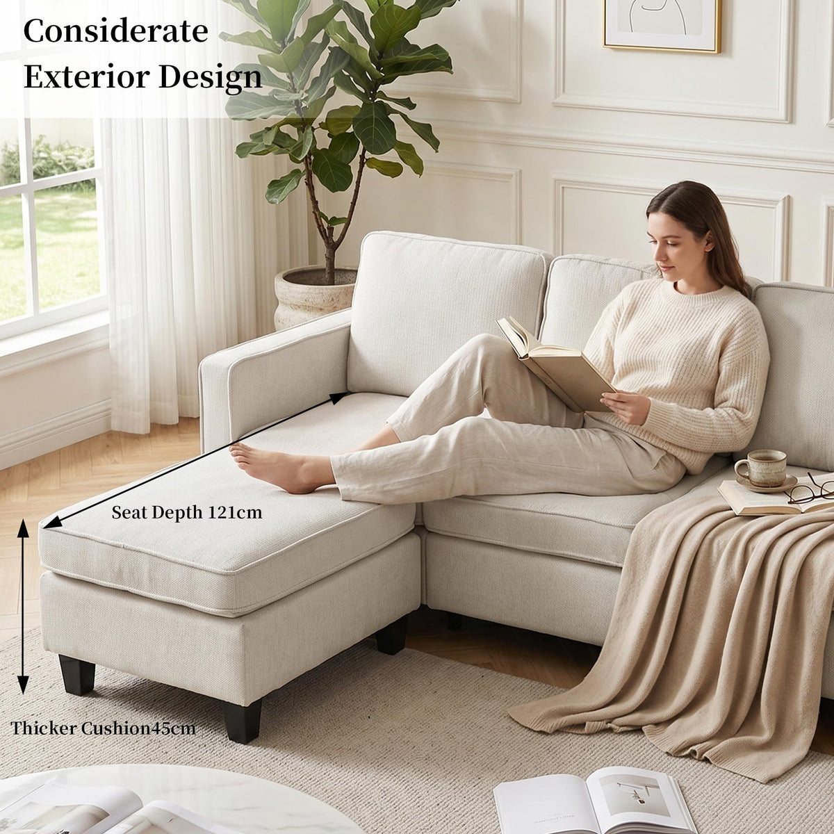 Sofá de 3 plazas con taburete, sofá flexible en forma de L como sofá esquinero, funda de tela suave con acolchado de espuma de alta densidad, sofá de salón para sala de estar, dormitorio, oficina y