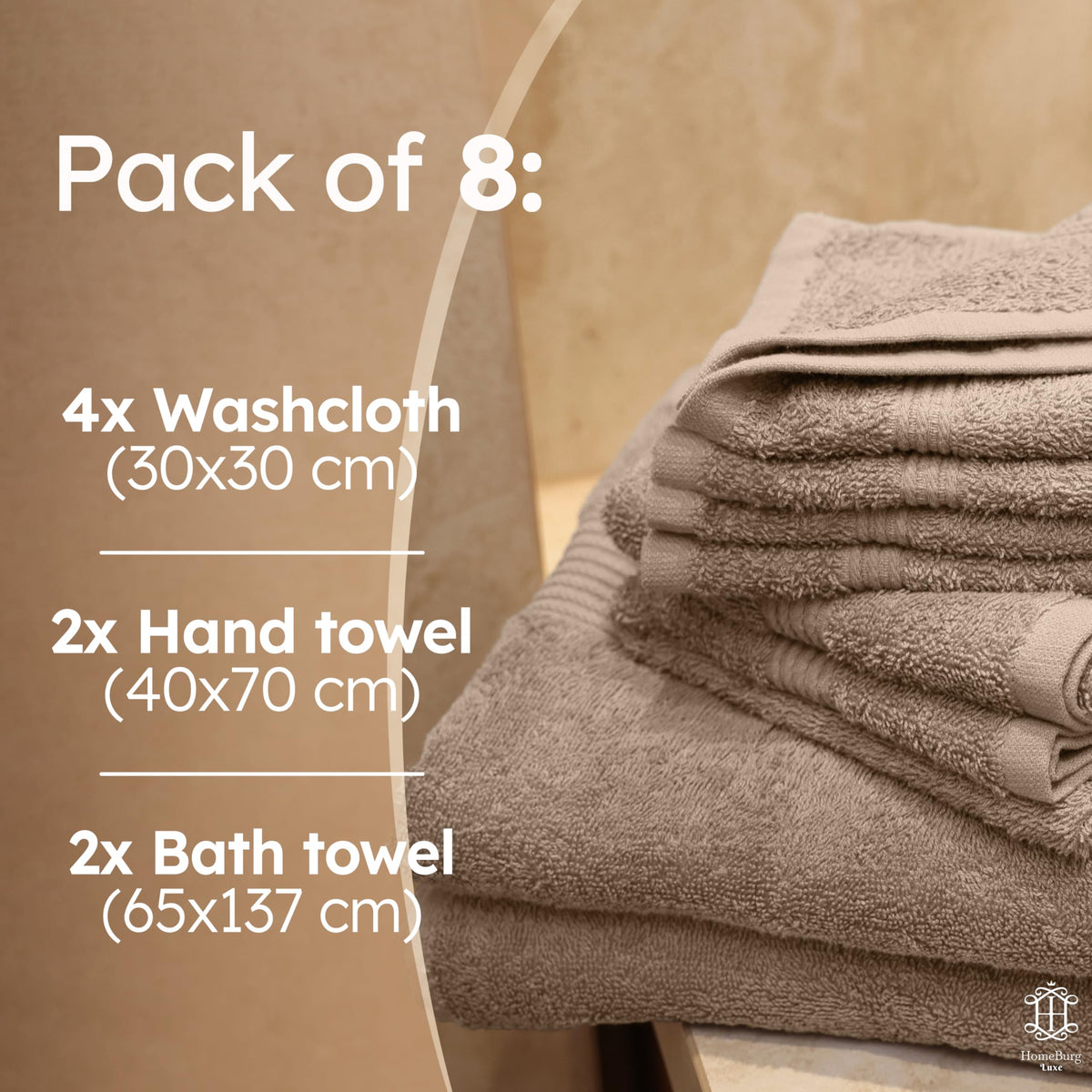 Luxe Set de Toallas 100% Algodón - 8 Piezas, 3 tamaños (30×30, 40×70 y 65×137 cm) - Suaves, absorbentes y de fácil Cuidado, Blanco