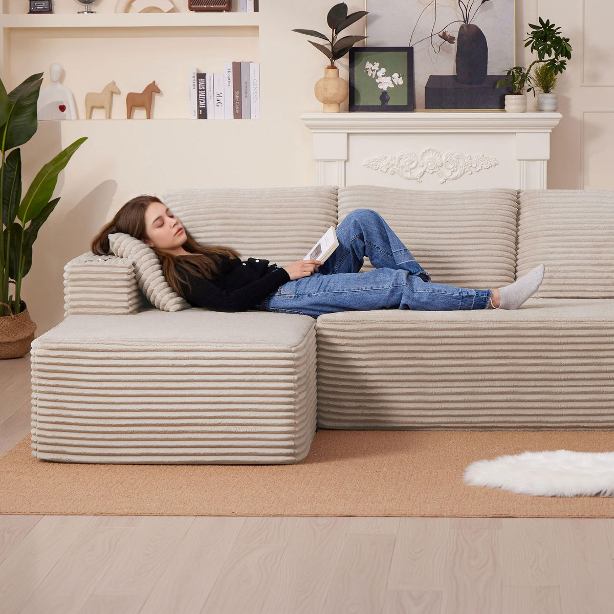 Sofa Modular sofás Comprimidos al vacío, Sofa Cama Chaise Longue 102 inch/261cm Sofá de Suelo Modular sin Estructura con Función de Dormir, Sofá para Salón o Apartamento, Negro