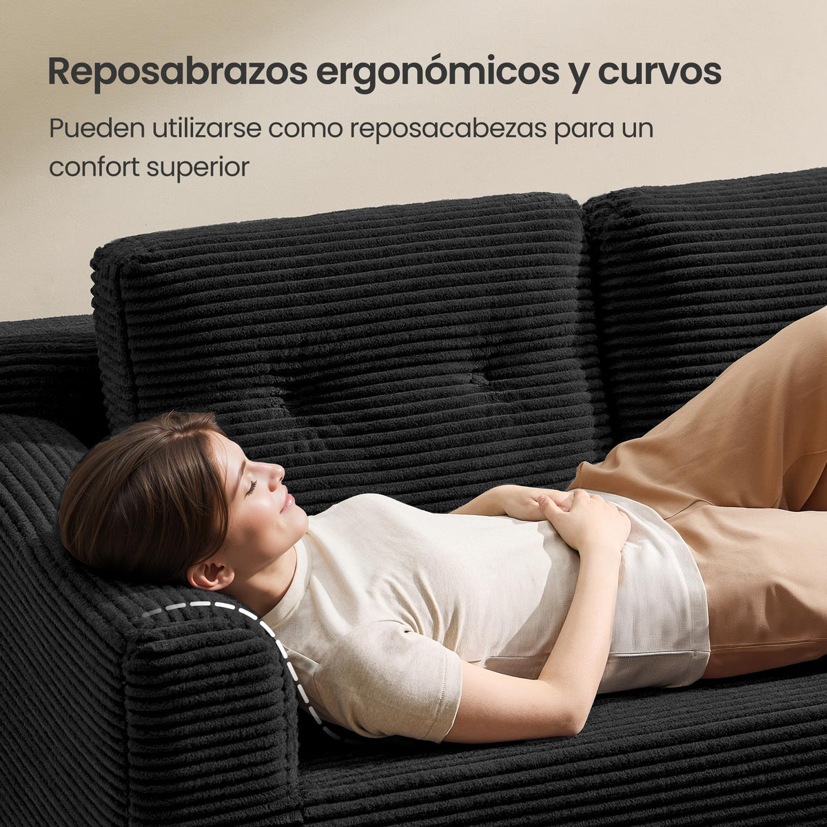 VASAGLE Sofá con Chaise Longue, Esquinero de Pana, Diseño Modular de 3 Plazas, 242 x 152 x 73 cm, Negro, para Salón, Colección Camila LCS183B101