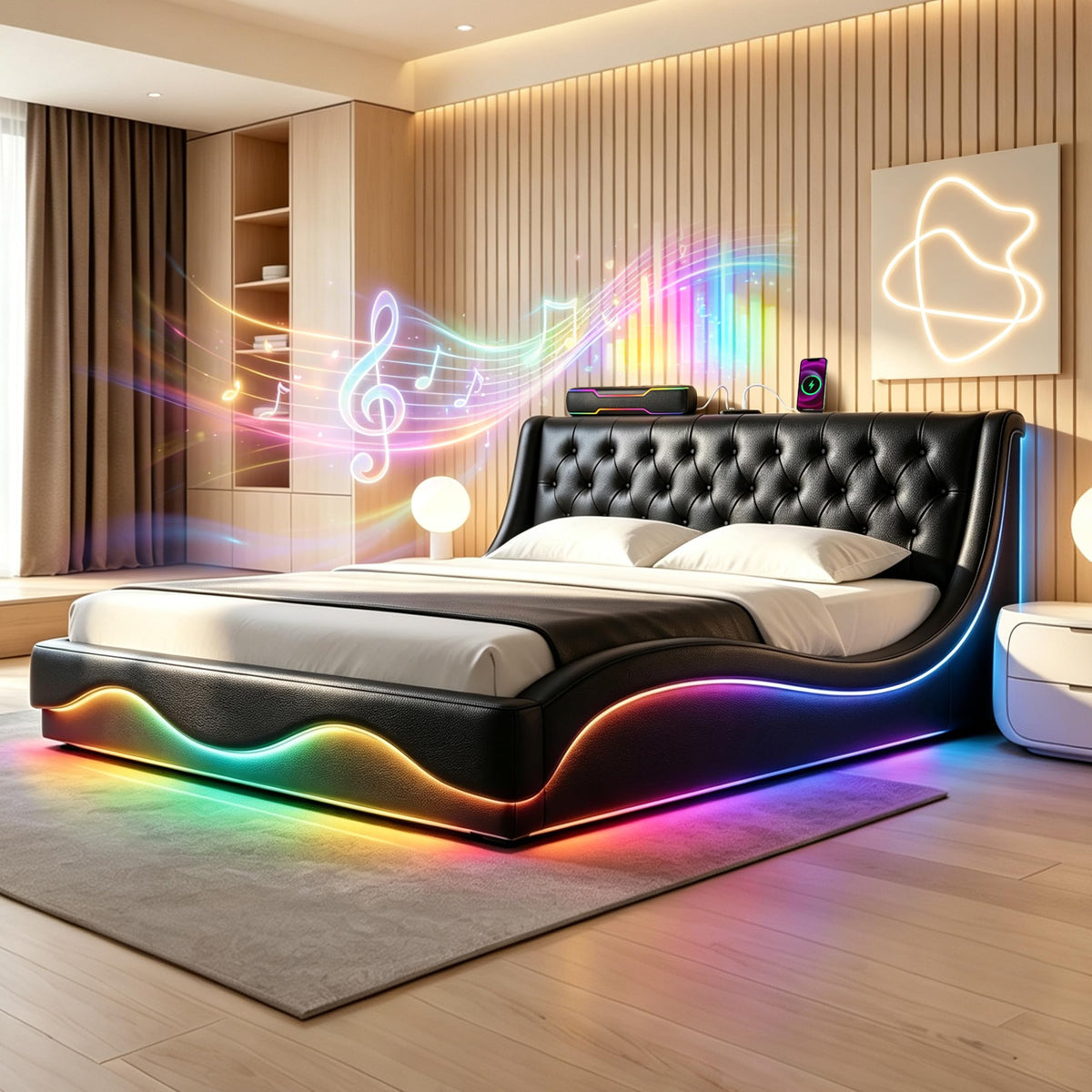 Armazón de Cama de Cuero 140x200cm con luz LED, Blanco