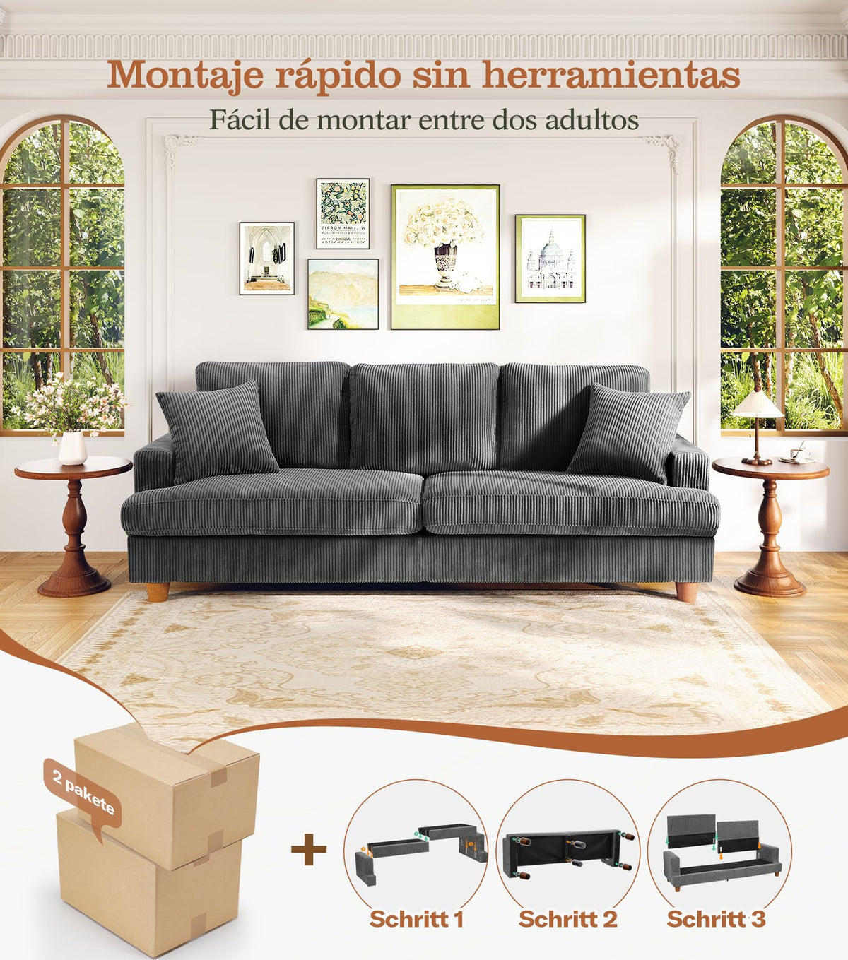 Kidirect Sofá de Pana de 3 plazas, 221 cm cómodo sofá de 53 cm Asientos Extra Profundos, sofá de salón Montaje sin Herramientas sofá Grande con 2 Cojines, sofá Moderno para Oficina,Verde Bosque