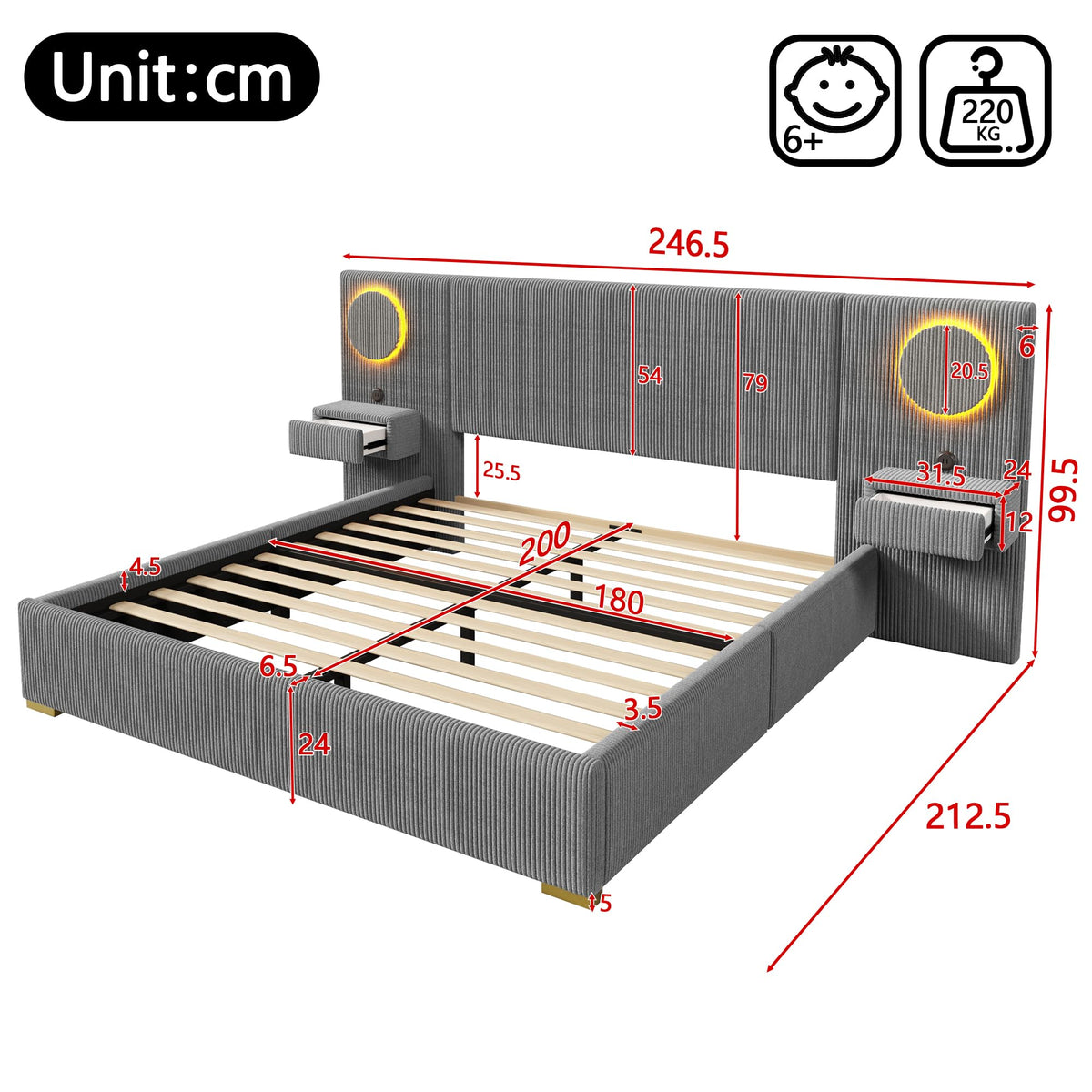 Moimhear Cama tapizada de terciopelo, cabecero LED, conectores USB, almacenamiento hidráulico