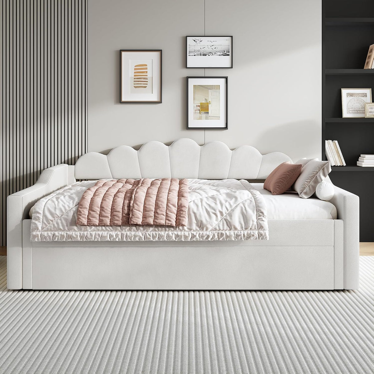 Cama acolchada de 140 x 200 cm con cinturón LED y cama nido (beige)