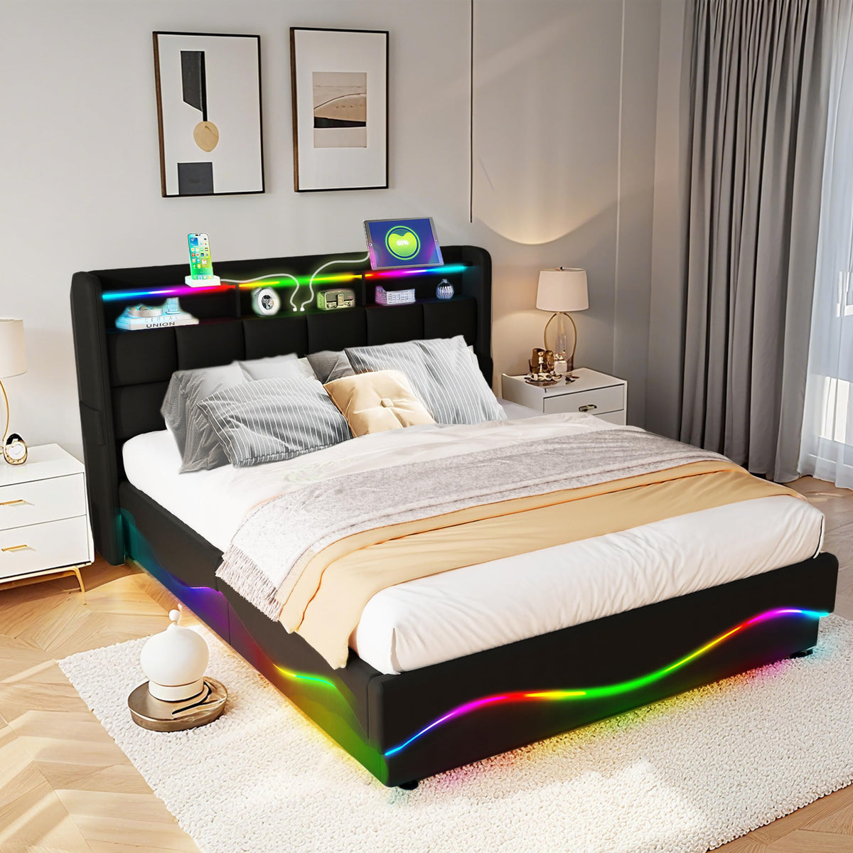Estructura de Cama de Cuero 160x200cm con Carga USB Type-C, Blanco
