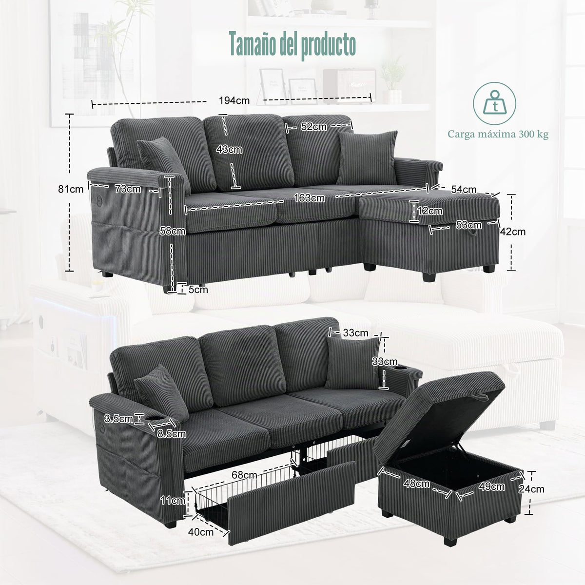 Lubvtti Sofá cama de 3 plazas moderno con función de cama, con espacio de almacenamiento, cargador USB, reposabrazos portaobjetos y 2 cojines, sofá de esquina en L, sofá de 3 plazas, chenilla (C-gris)