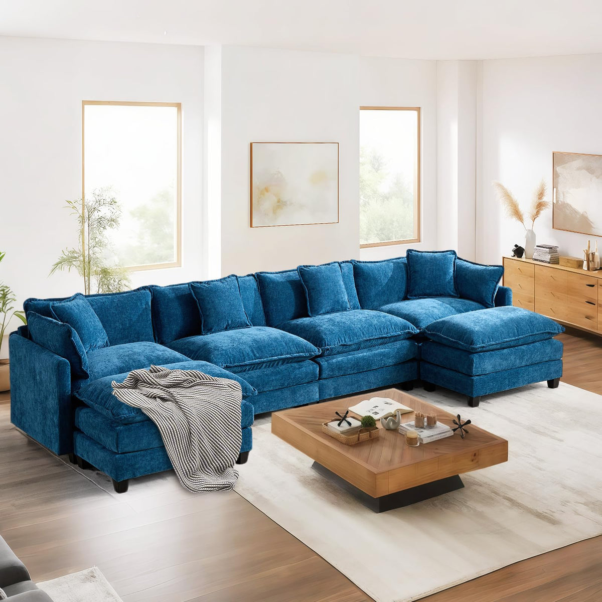Sofá de salón modular 4 plazas 380cm, chenilla azul con cojines dobles