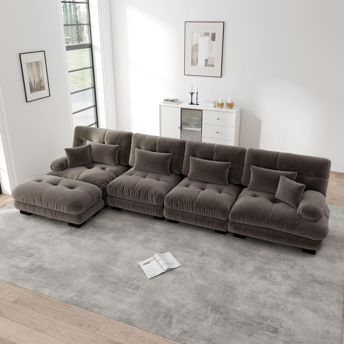 Sofá seccional Cloud en forma de L de 4 plazas con otomana móvil, ciniglia paisaje residencial con asiento profundo y reposabrazos anchos, gran sofá de sala para apartamento