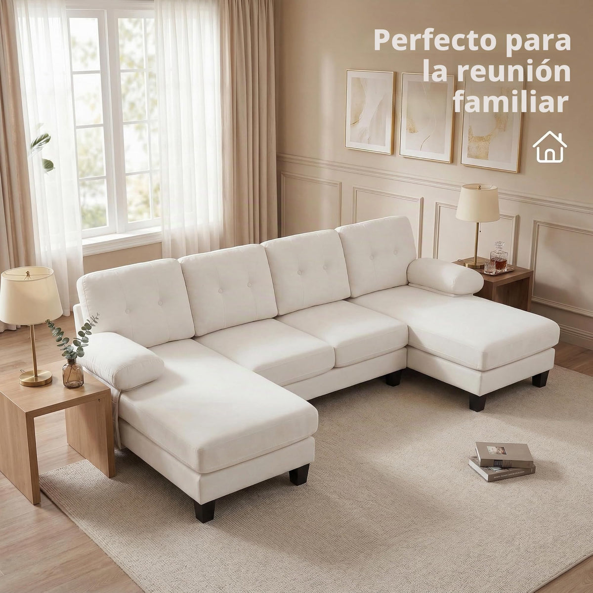Sofá modular de 6 plazas, sofá esquinero en forma de L/U, puertos USB/tipo C, portavasos y espacio de almacenamiento, tela de chenilla, 7 cojines, salón, dormitorio y oficina, color beige