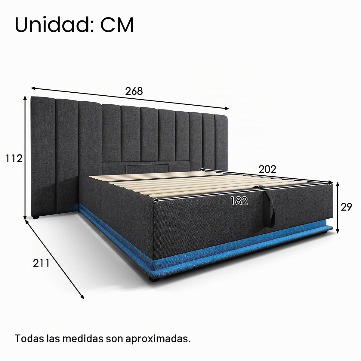 Cama tapizada 180×200cm, Cama Doble con canapé con LED y función de Carga USB-C, PU, sin colchón ni mesita de Noche (Blanco, 180 x 200 cm)