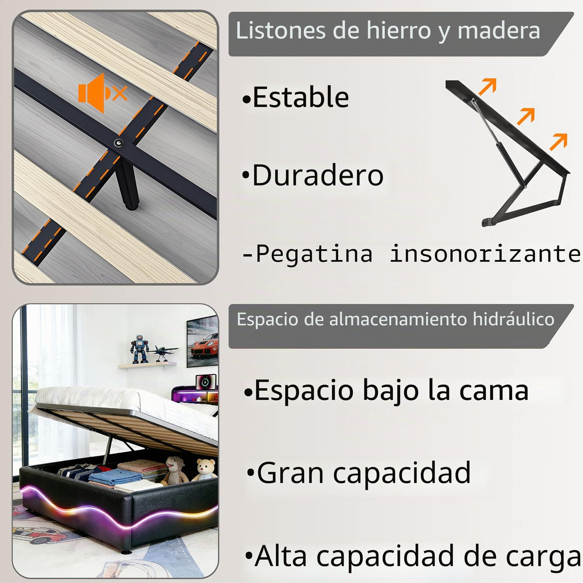 Estructura de Cama 140x200 cm con iluminación LED, Lino, Gris