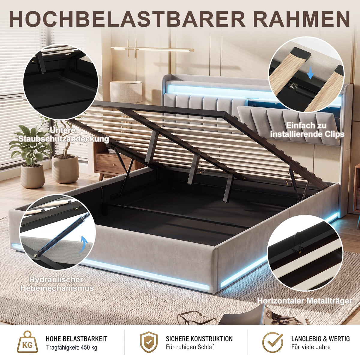 Cama tapizada de 160 x 200 cm, cama doble LED con espacio de almacenamiento, cabecero y función de carga USB C, cama de almacenamiento hidráulico, respaldo con somier de láminas de madera
