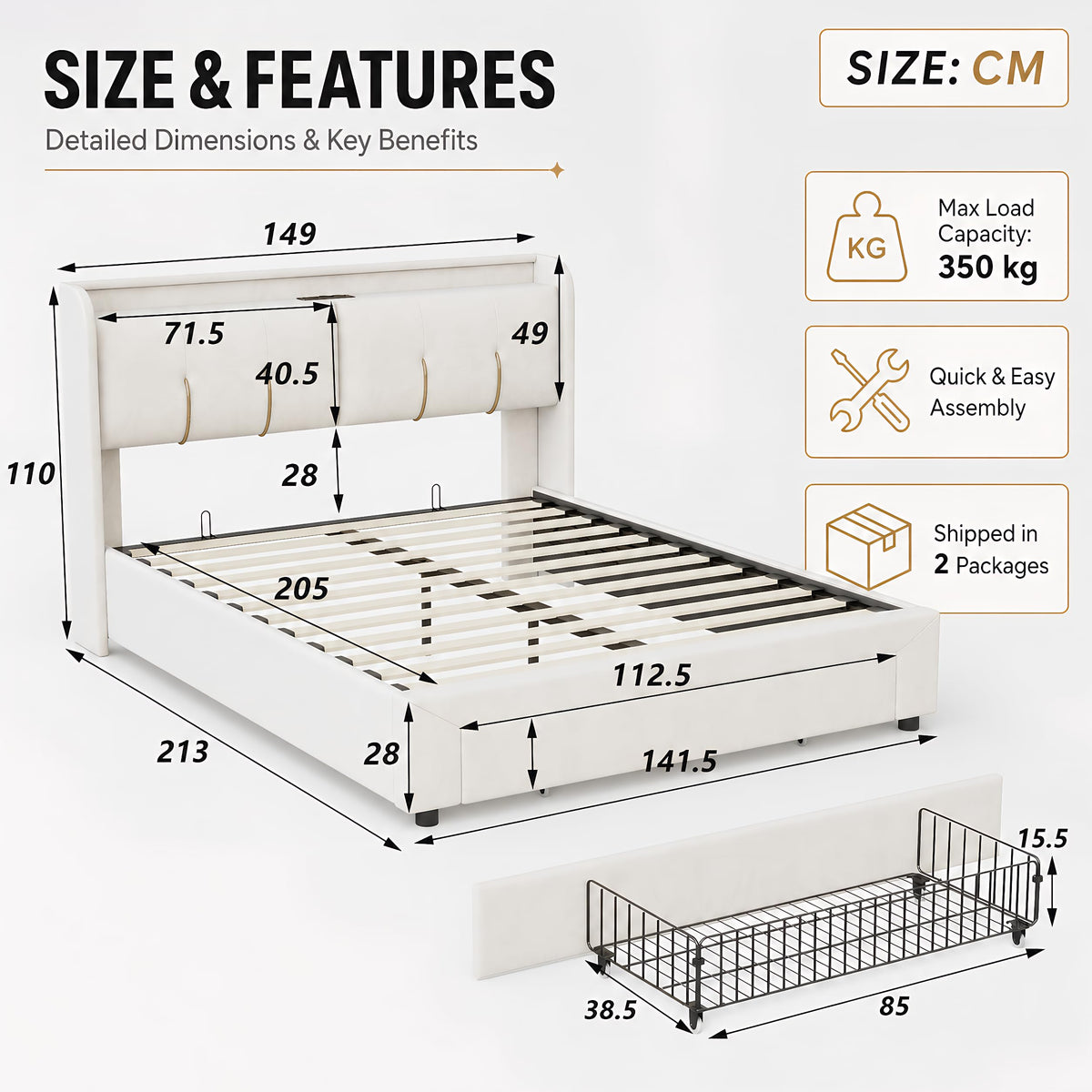 BRILVERDE Cama Tapizada 160x200 con Almacenamiento, Cama matrimonial con cajones, Cama Nido con LED, Cabecero Acolchado y Base de Láminas, Terciopelo (Beige, 160 x 200 cm)