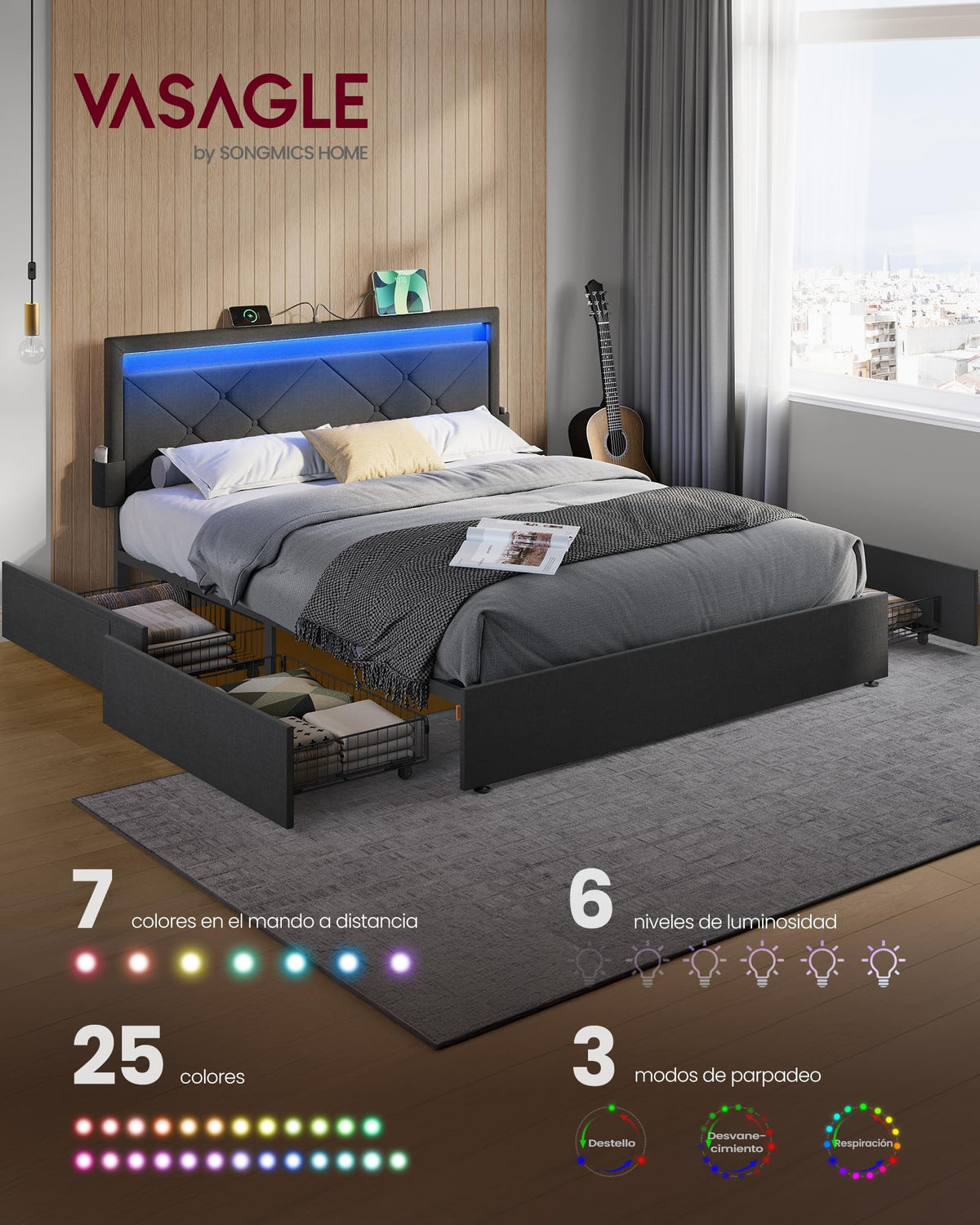 VASAGLE Marco de Cama Matrimonio, Base con Listones, 140 x 200 cm, LED, Metal, 4 Cajones, Estación de Carga, Cabecero Acolchado Ajustable, Gris Pizarra RMB827G02