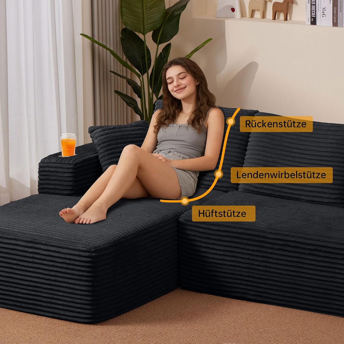 Sofa Modular sofás Comprimidos al vacío, Sofa Cama Chaise Longue 102 inch/261cm Sofá de Suelo Modular sin Estructura con Función de Dormir, Sofá para Salón o Apartamento, Negro