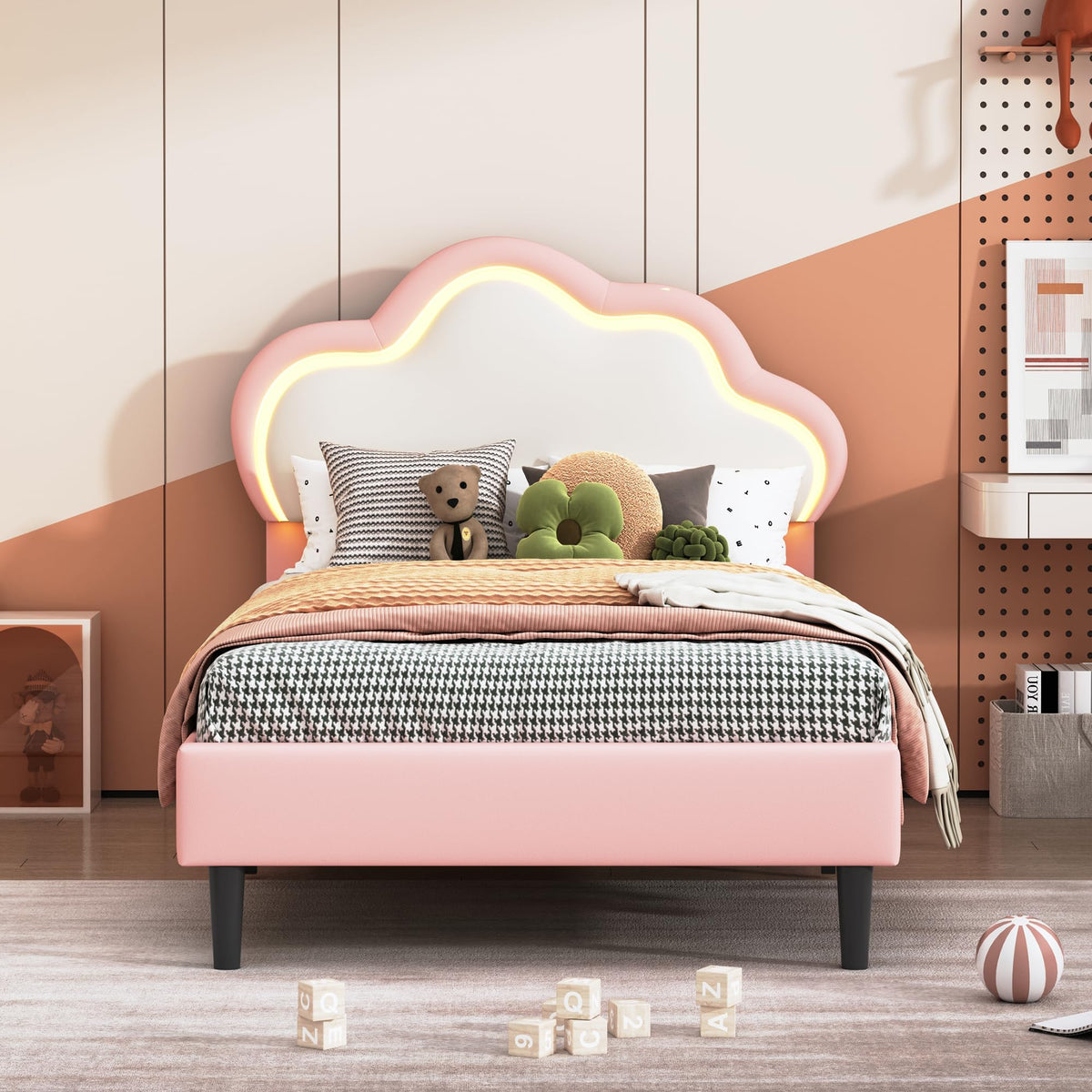 LIVLUX Cama Tapizada 90 x 200 cm, Cama Princesa con Cabezal LED Ajustable y Somier de Lamillas, Cama para Niña, Diseño en Forma de Corona para Niños y Adolescentes (Rosa, 90 x 200 cm)