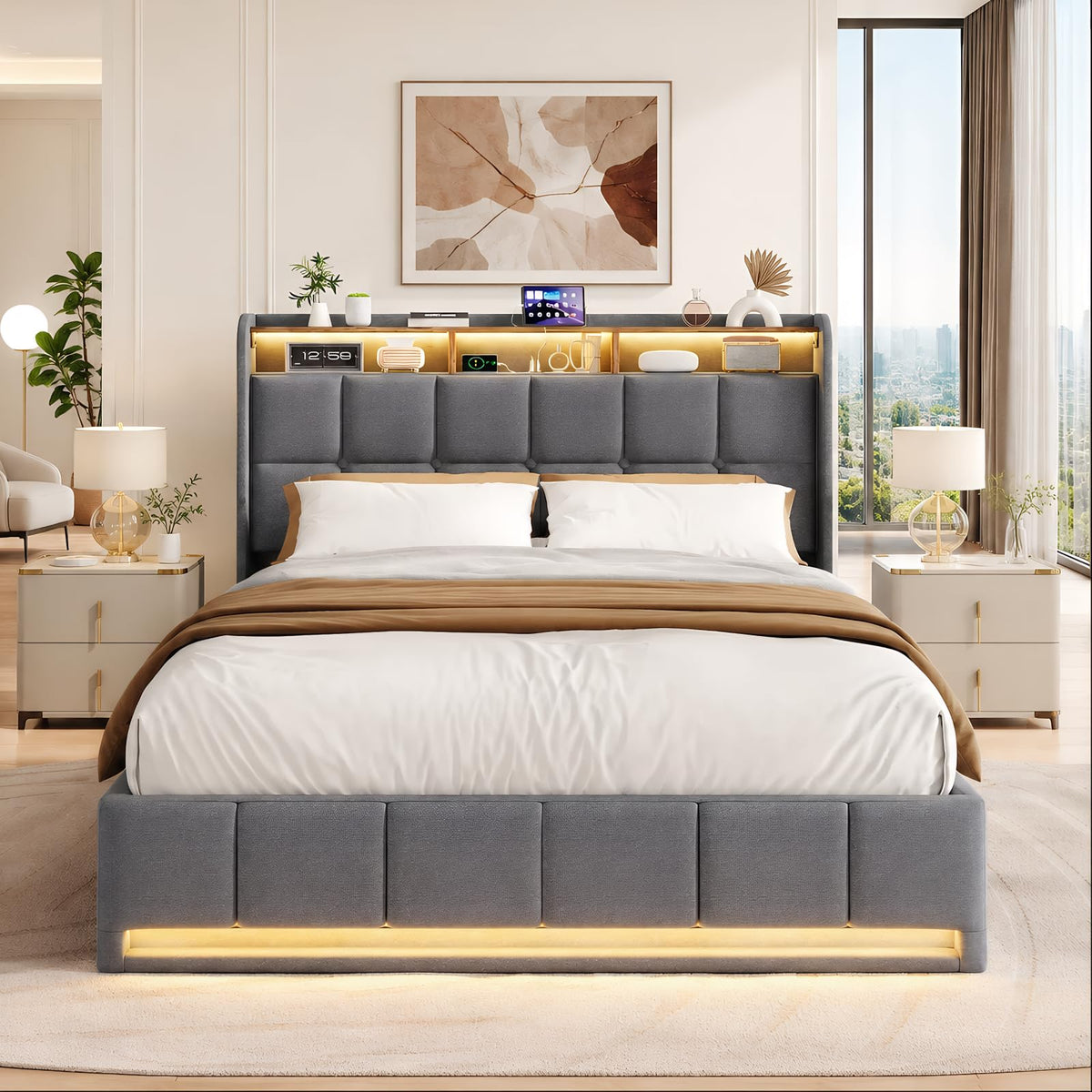 BRILVERDE Cama Tapizada 160x200 con Almacenamiento hidráulico, Cama matrimonial con lámpara de mesita, Cabecero Acolchado y Base de Láminas, Terciopelo (Beige, 160 x 200 cm)