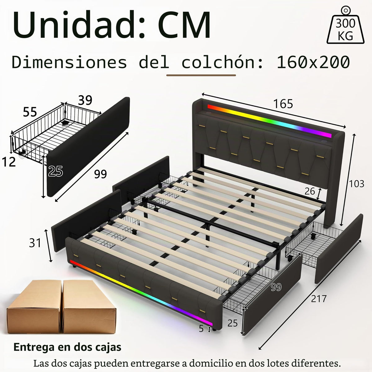 Estructura de Cama 140x200 cm con iluminación LED, Lino, Gris