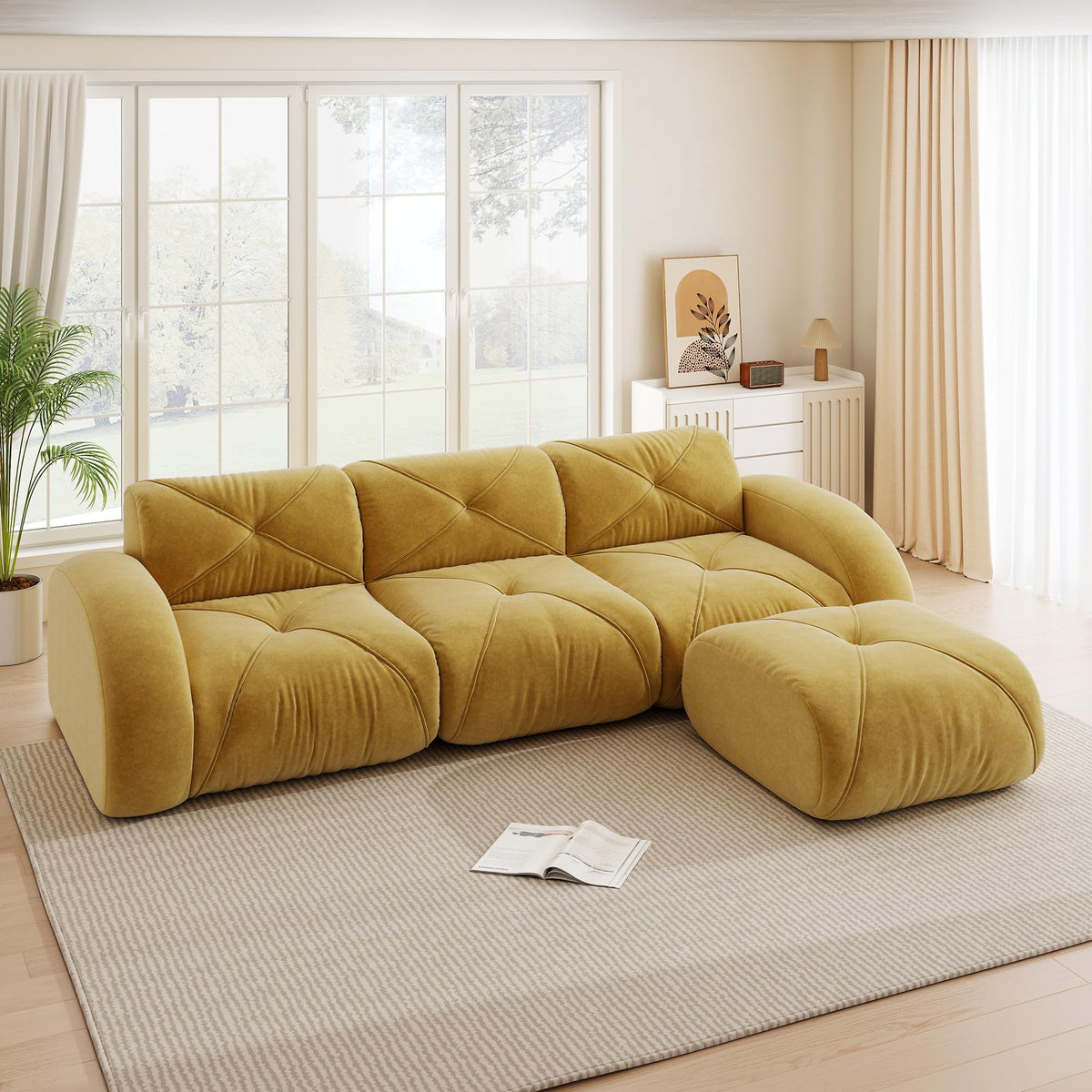 Sofá de esquina en forma de L de 4 plazas con reposapiés, sofá modular Cloud sin marcos de chenilla, sofá de estar suave, antideslizante, combinable de forma flexible, sin montaje, salón color