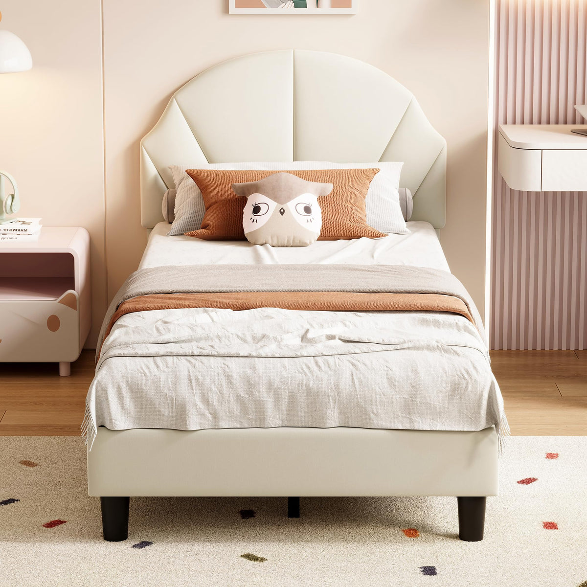 Cama Infantil tapizada 140 x 200 cm con LED, Cama tapizada para niños 140 x 200 con cabecera Ajustable Marco de Camas, Camas de Princesa para Niña en Forma de Corona con Somier(Rosa, 140 x 200)