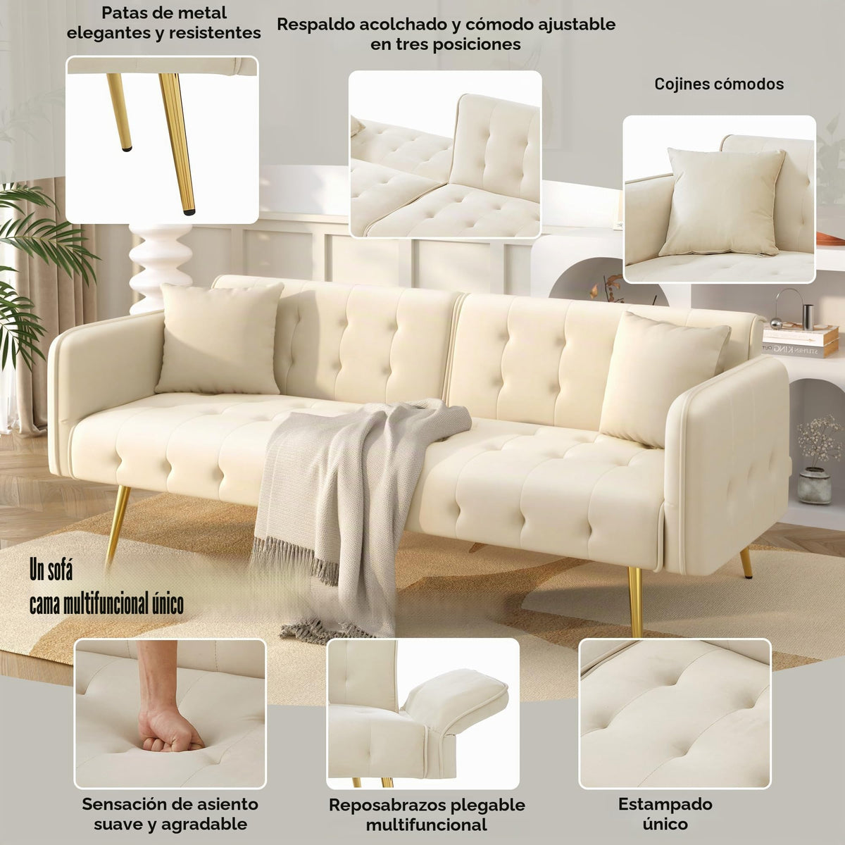 Sofá cama con esquinas ajustables, patas doradas, almohadas y bolsillos laterales para almacenamiento (Bavia)