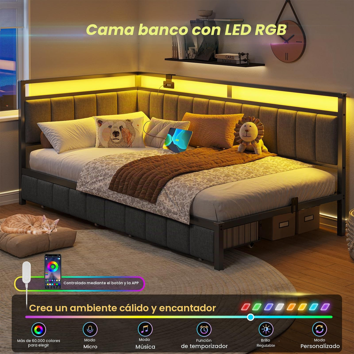 DICTAC Cama Tapizada Sofá Cama 90 x 190 cm con iluminación LED y Toma USB,Camas Juvenil con 2 cajones de Almacenamiento, Estructura de Cama de 90x190 con somier de láminas de Metal, Gris Oscuro