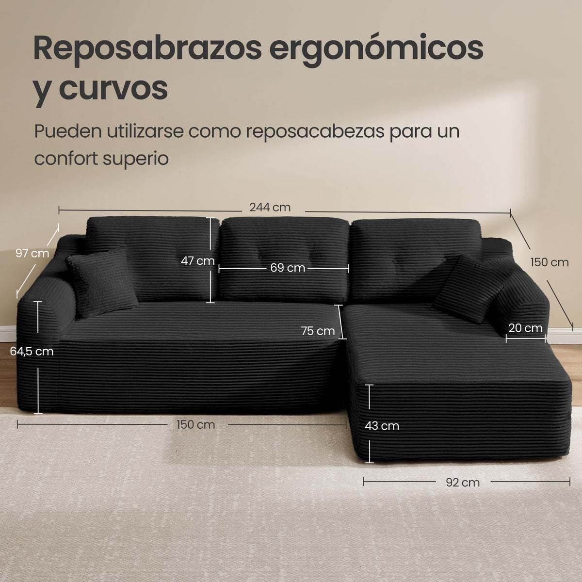 VASAGLE Sofá con Chaise Longue, Esquinero de Pana, Diseño Modular de 3 Plazas, 242 x 152 x 73 cm, Negro, para Salón, Colección Camila LCS183B101